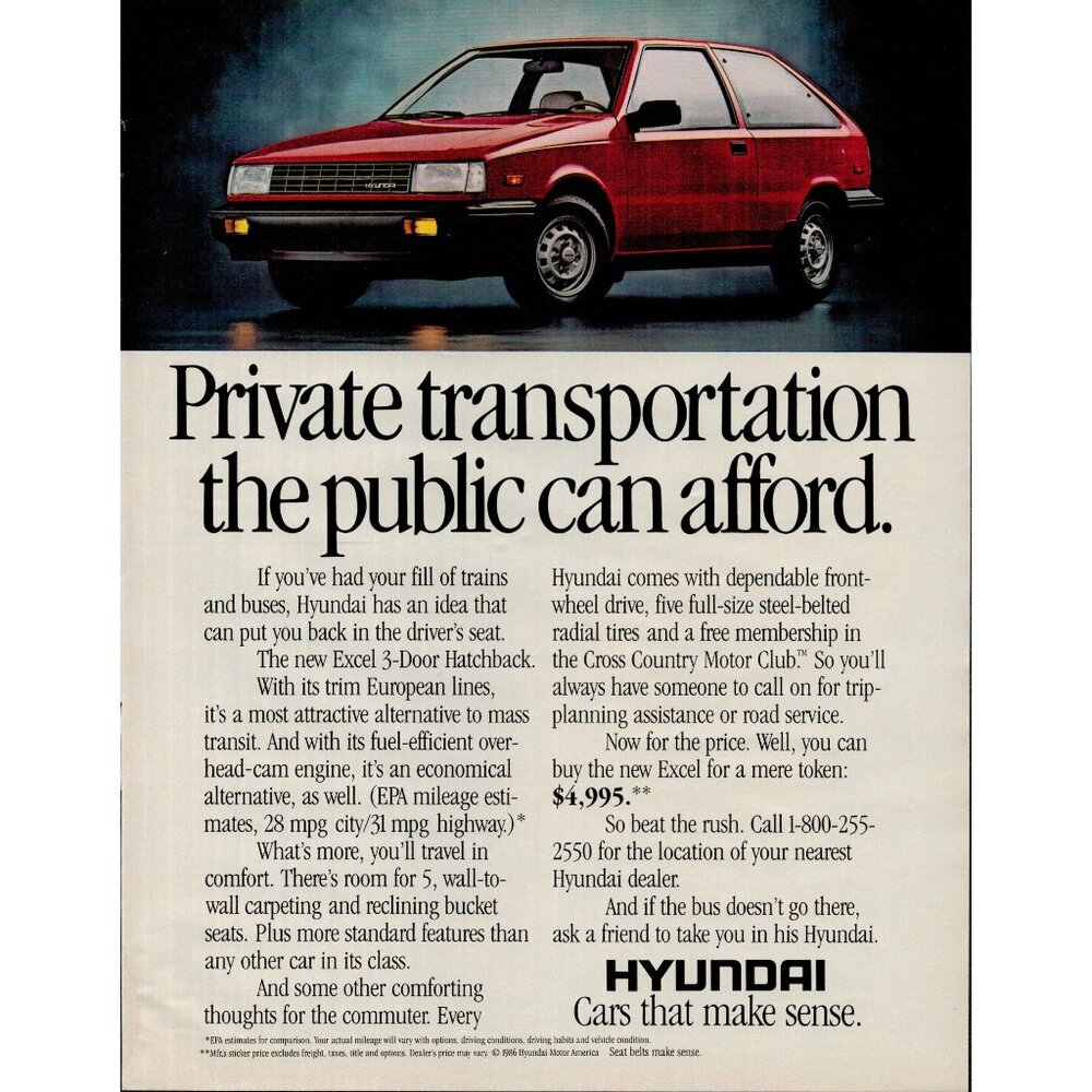 1987 Hyundai Excel 3-Door Hatchback Automobile Vintage Print Ad (L18)